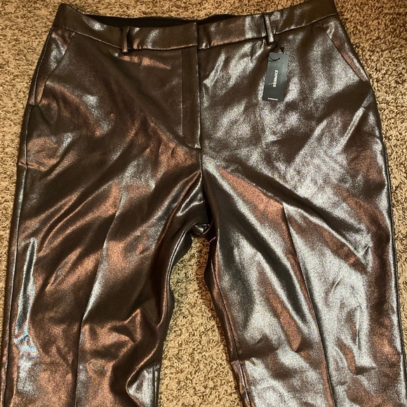 Express New Black Gray Shiny Coated Boot Mid Rise Editor Size 14R Pants Straight - Picture 5 of 13